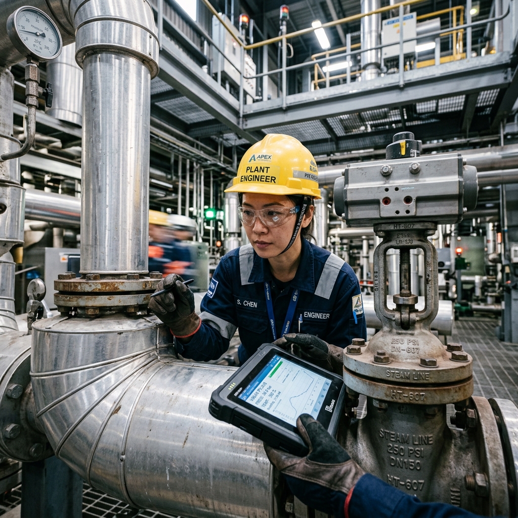 Equipamento industrial e manômetro sendo inspecionados por engenheiro